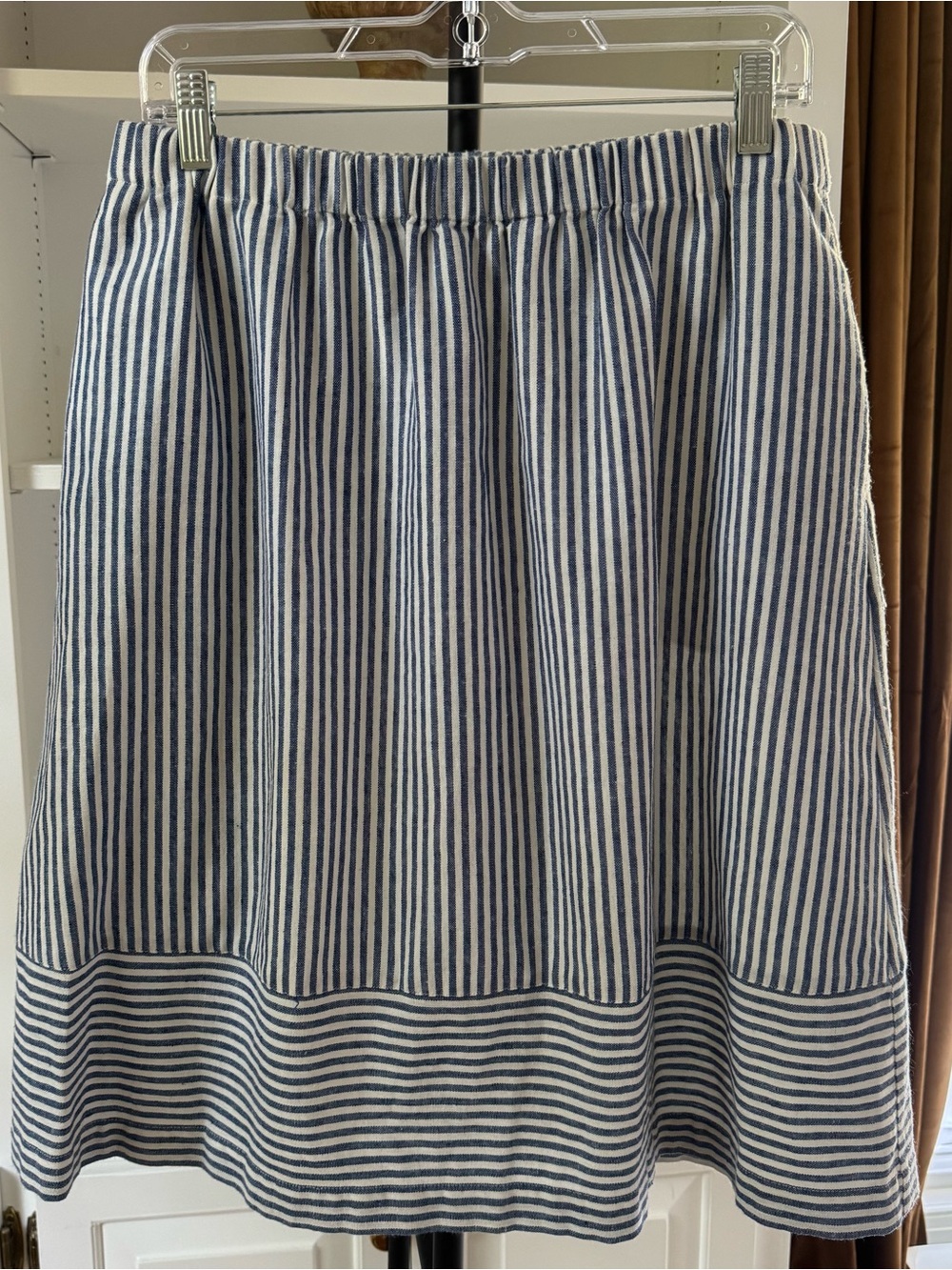 J. Crew Blue & White Striped Cotton-Linen Midi Skirt